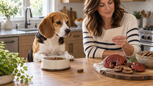 Adult Beagle beside Reishi mushrooms and a measured meal while an owner reviews an ingredient card
