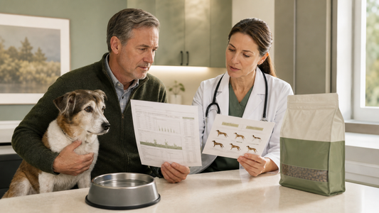 Senior dog beside a veterinary renal diet while owner reviews a kidney care plan