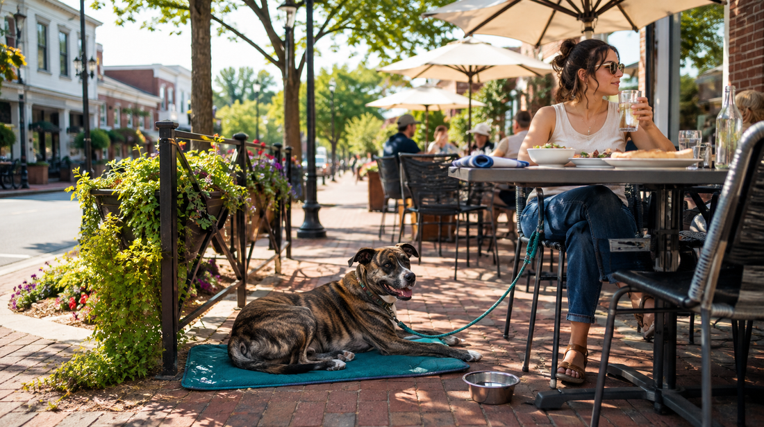 Brindle dog resting on a teal mat beside an owner at an outdoor restaurant patio