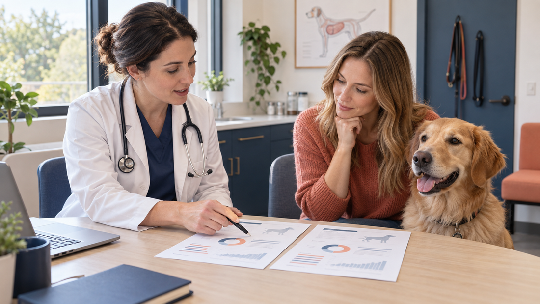 Veterinarian reviewing two canine microbiome reports with a dog owner