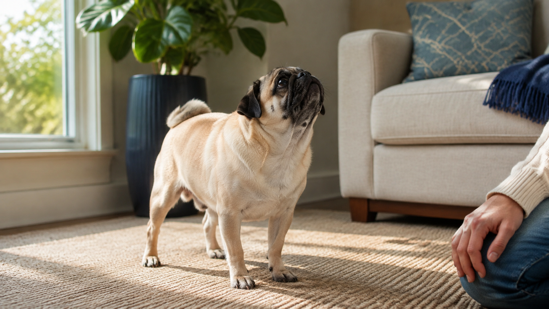 Fawn pug standing with its neck extended during a mild reverse-sneezing episode