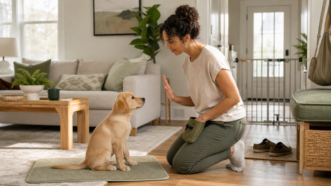 Owner using a calm hand cue during reward-based puppy training