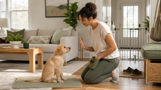 Owner using a calm hand cue during reward-based puppy training