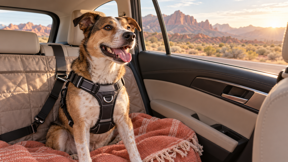Dog secured in a crash-tested back-seat harness during an American road trip