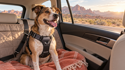 Dog secured in a crash-tested back-seat harness during an American road trip