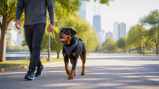 Adult Rottweiler walking calmly at heel in a navy harness through a Chicago park
