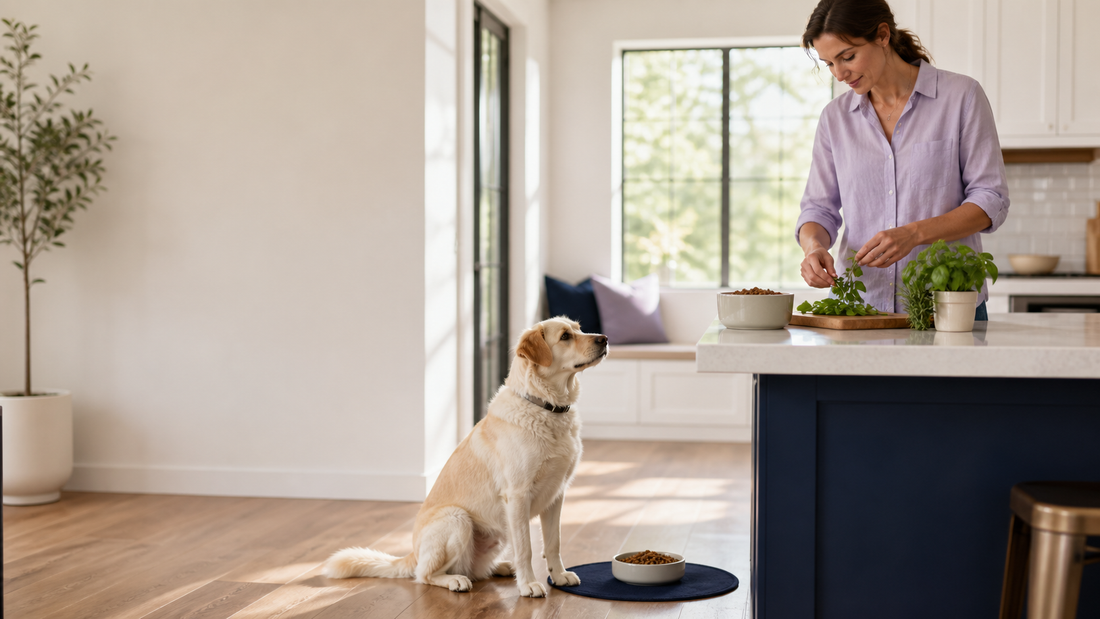 Cream and tan dog beside a complete meal while an owner prepares fresh basil and rosemary