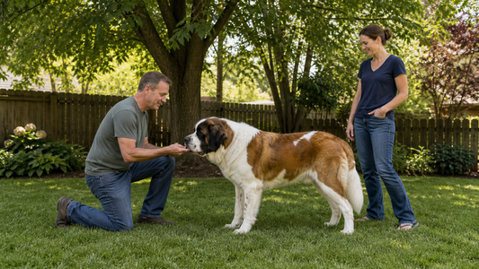 Adult Saint Bernard practicing a calm greeting with a family in a shaded fenced American backyard