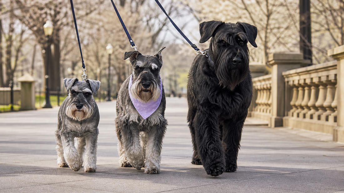 Miniature, Standard and Giant Schnauzers walking together on a park path