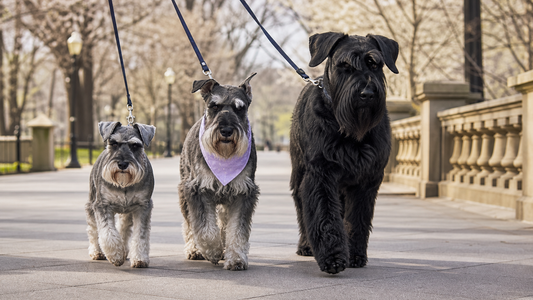 Miniature, Standard and Giant Schnauzers walking together on a park path