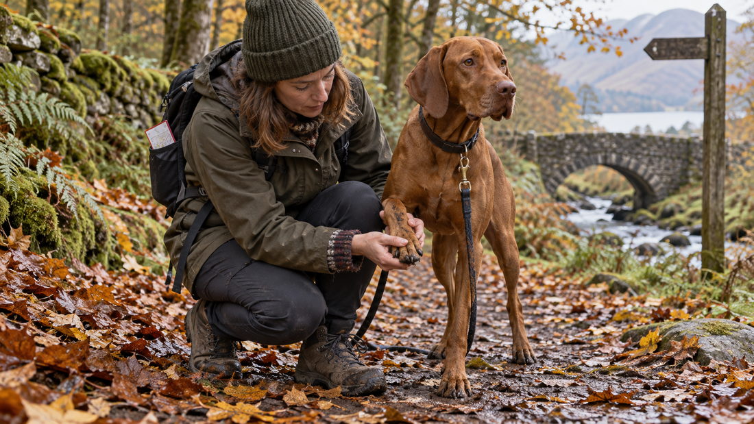 Dog owner checking their dog after an autumn woodland walk in the United Kingdom