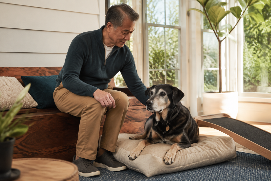 Senior black-and-tan dog resting on an orthopedic bed beside his owner and a low ramp