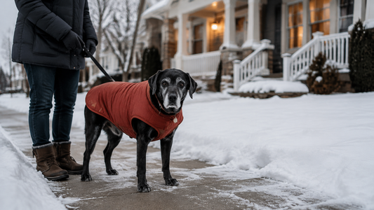 Senior black Labrador in a warm coat on a snowy neighborhood walk