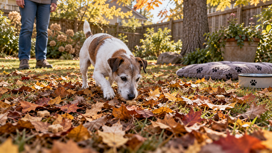 Gray-muzzled Jack Russell Terrier following a short scent trail in a fenced backyard