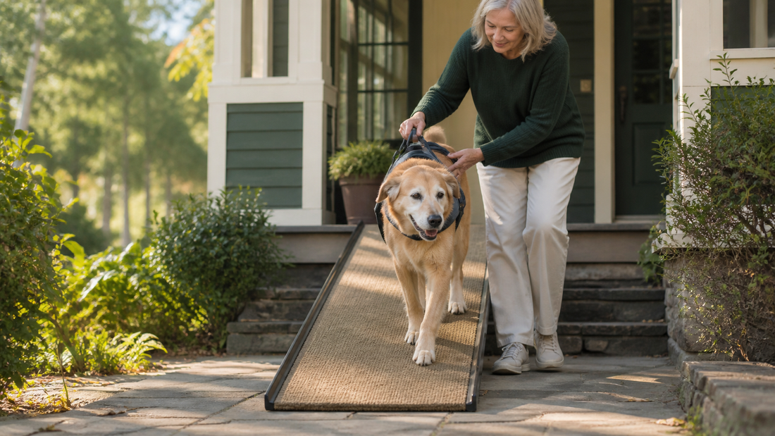 Senior dog using a carpeted home ramp with owner support