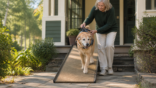 Senior dog using a carpeted home ramp with owner support