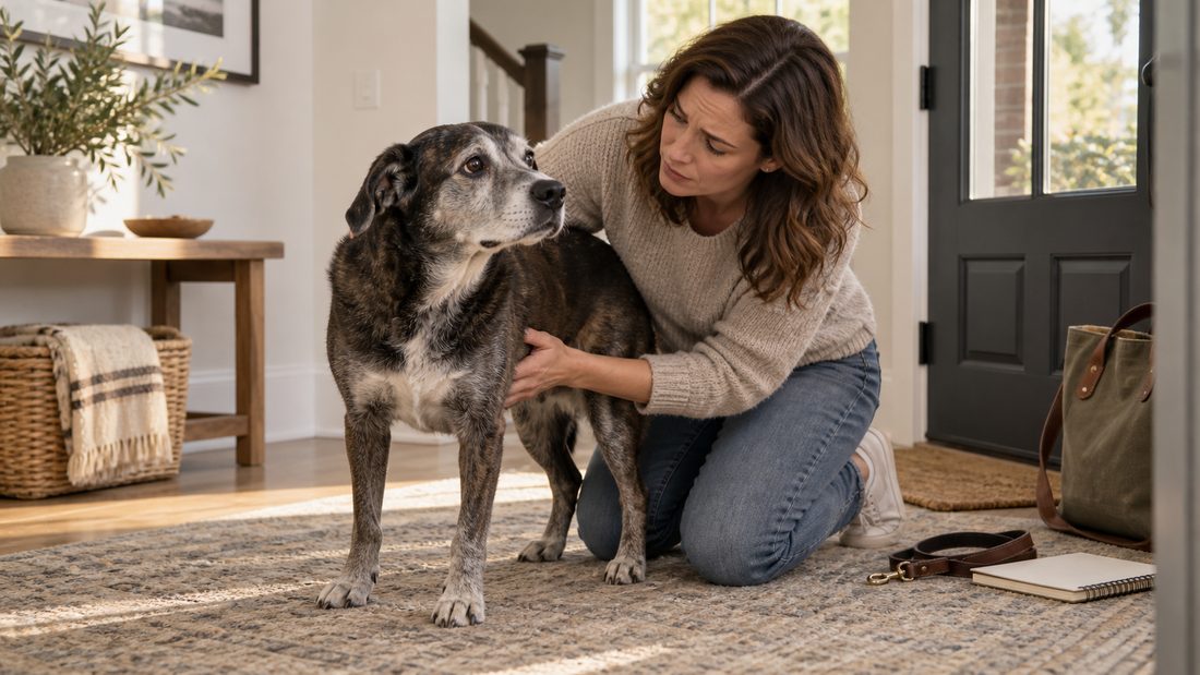 Owner calmly checking a gray-muzzled senior dog at home before a veterinary appointment
