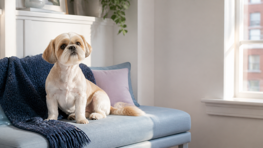 Cream and gold Shih Tzu with a practical puppy trim on a blue bench
