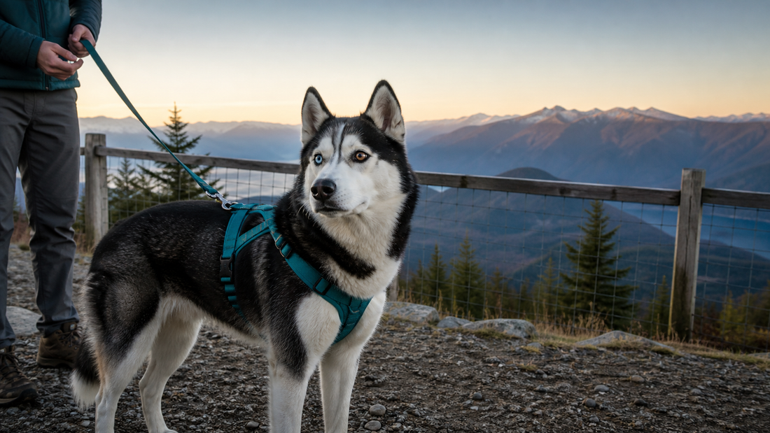 Siberian Husky in a secure harness at a fenced Pacific Northwest trail overlook