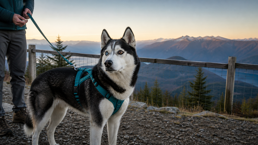 Siberian Husky in a secure harness at a fenced Pacific Northwest trail overlook