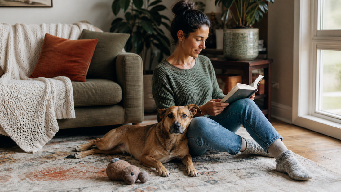 Relaxed dog resting against its owner at home as a sign of trust and affection