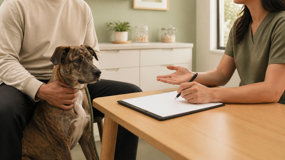 Dog owner discussing an individualized spay or neuter plan with a veterinarian