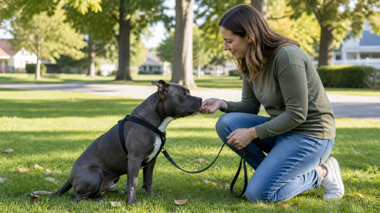 Owner rewarding a Staffordshire Bull Terrier during calm harness training in an American neighborhood park