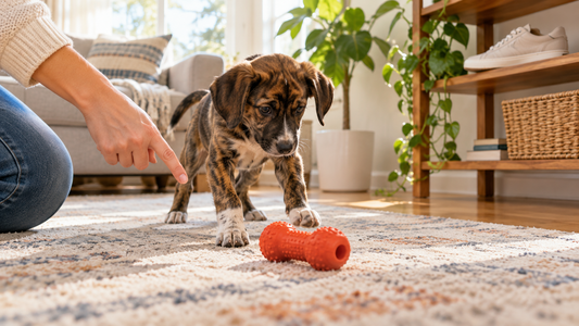 Brindle puppy choosing a safe rubber chew toy while an owner calmly redirects them