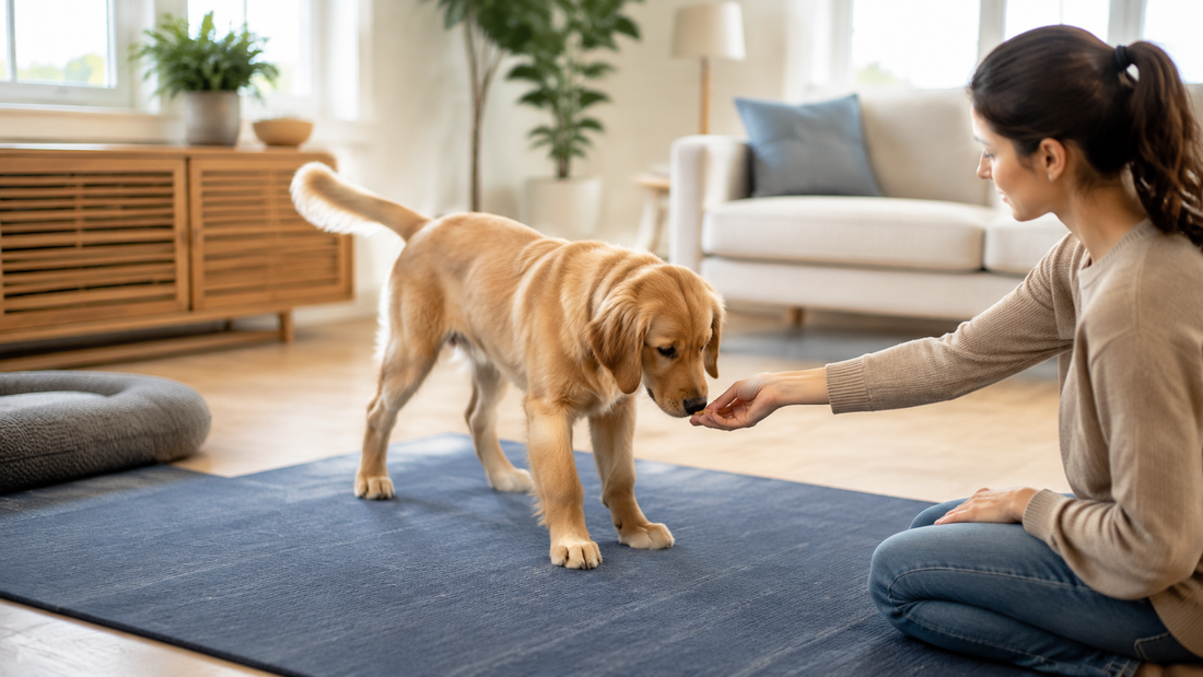 Golden retriever puppy moving onto a blue training mat toward a calm owner