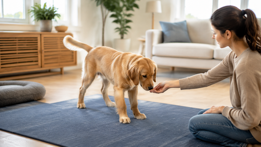 Golden retriever puppy moving onto a blue training mat toward a calm owner