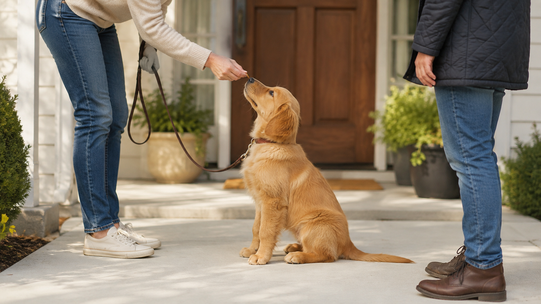 Golden retriever puppy sitting calmly while its owner practices a greeting with a visitor