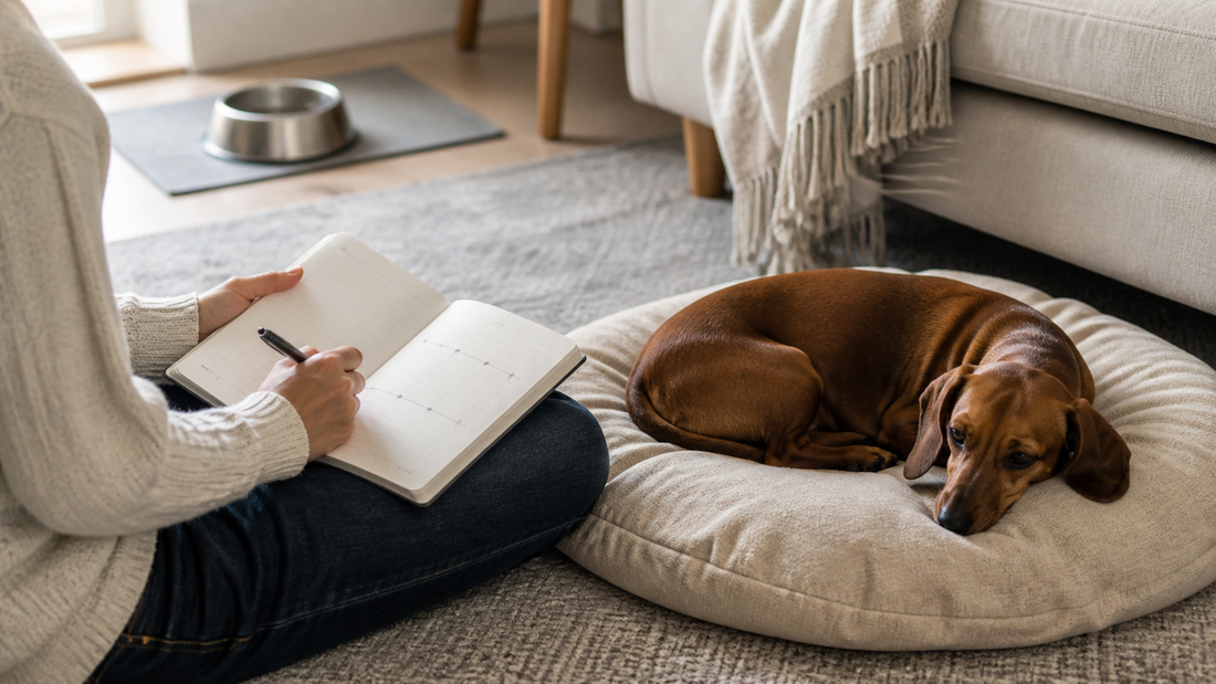 Concerned owner keeping a digestive symptom log while a Dachshund rests nearby