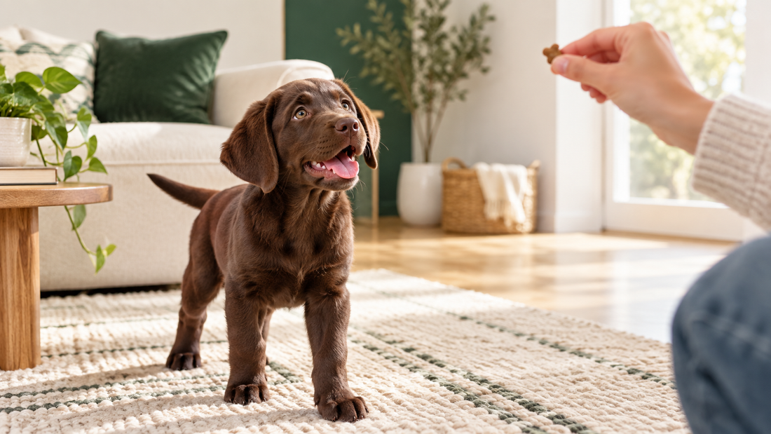 Chocolate Labrador puppy turning toward an owner holding a small training reward