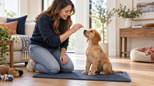 Owner rewarding a puppy for sitting calmly on a nonslip mat
