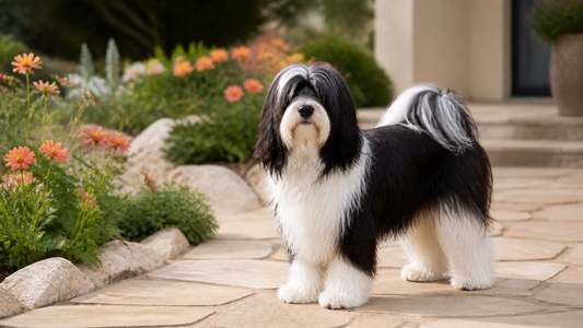 Black and white Tibetan Terrier standing on a sunlit garden path