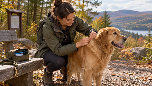 Owner checking a Golden Retriever for ticks after a wooded trail walk