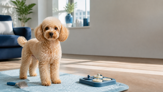 Apricot Toy Poodle standing on a grooming mat beside a safe brush and puzzle toy