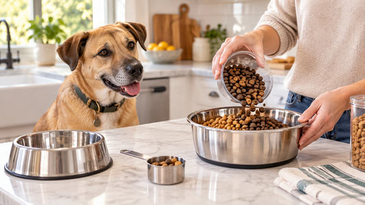 Owner mixing two measured unbranded dog foods while an adult dog waits
