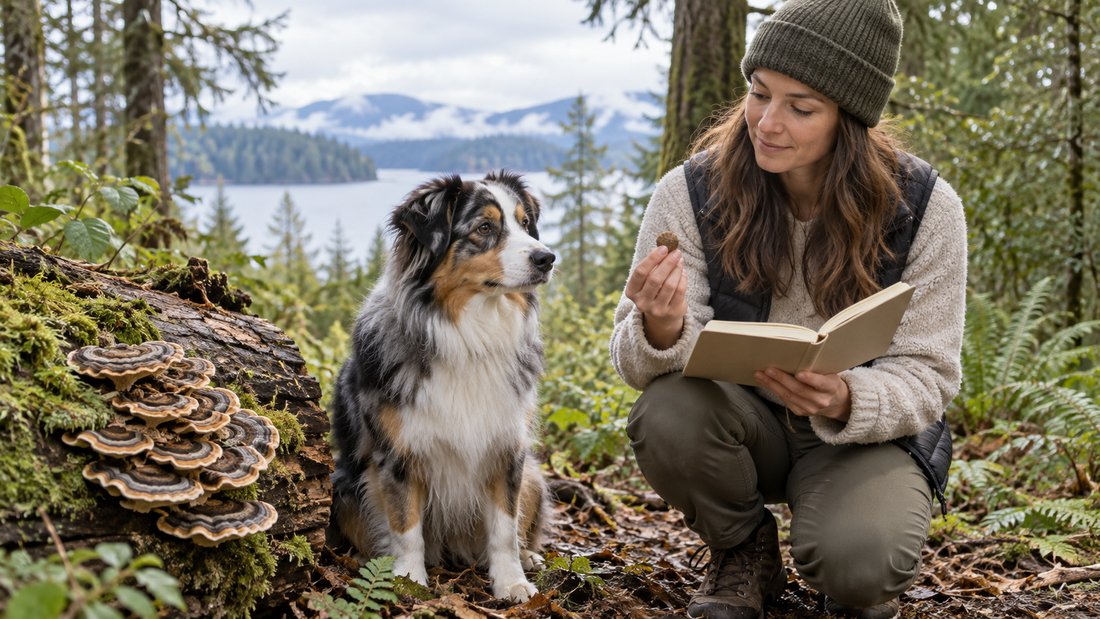 Adult Australian Shepherd beside Turkey Tail mushrooms while an owner reviews an ingredient notebook