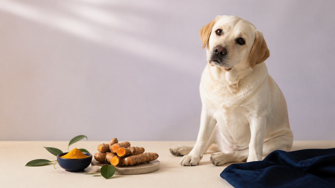 Cream Labrador beside fresh turmeric root and turmeric powder