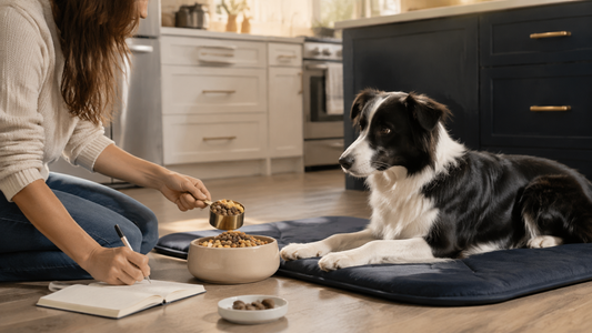Border collie beside a measured meal while its owner records digestive observations