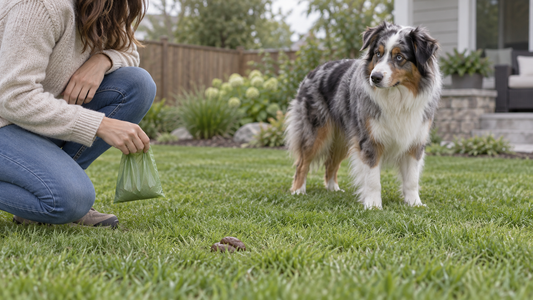 Owner observing a dog's stool in a backyard while an Australian Shepherd stands nearby