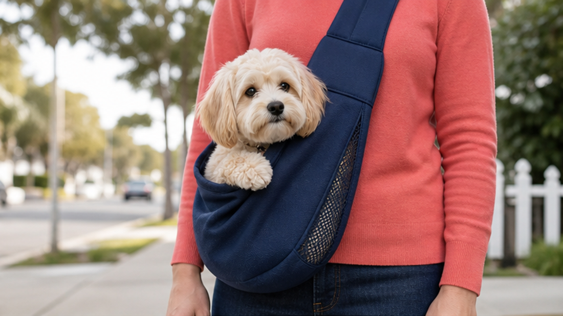 Cream puppy observing an American neighborhood from a navy carrier sling
