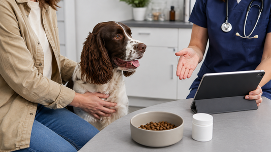 Veterinarian discussing a probiotic plan for a spaniel