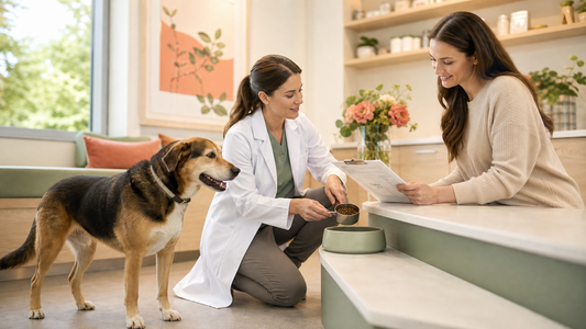 Veterinarian and owner reviewing an individualized lower-fat nutrition plan for an adult dog