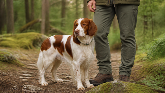 Red and white Welsh Springer Spaniel standing with its owner on a wooded trail