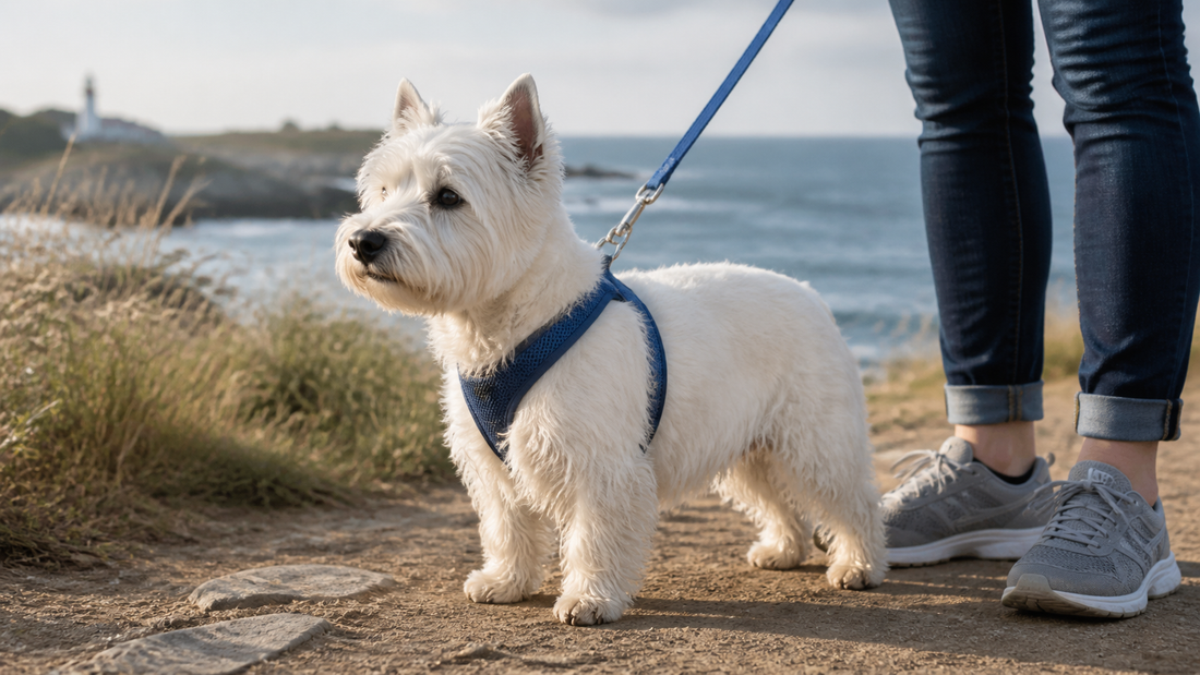 West Highland White Terrier standing alert on a coastal trail in a blue harness