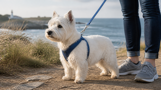 West Highland White Terrier standing alert on a coastal trail in a blue harness