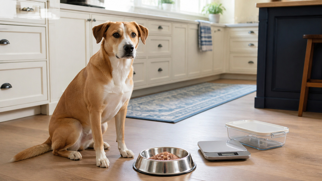Dog beside measured wet food while its owner checks an unbranded can and feeding notebook