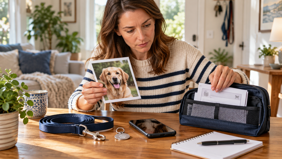 Concerned dog owner preparing a missing dog alert with a recent photo and identification records